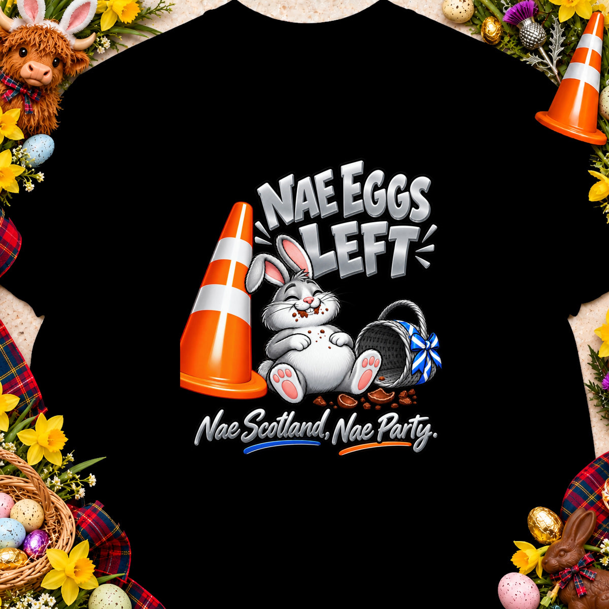 Easter bunny sitting next to traffic cone and basket, text "Nae Eggs Left".