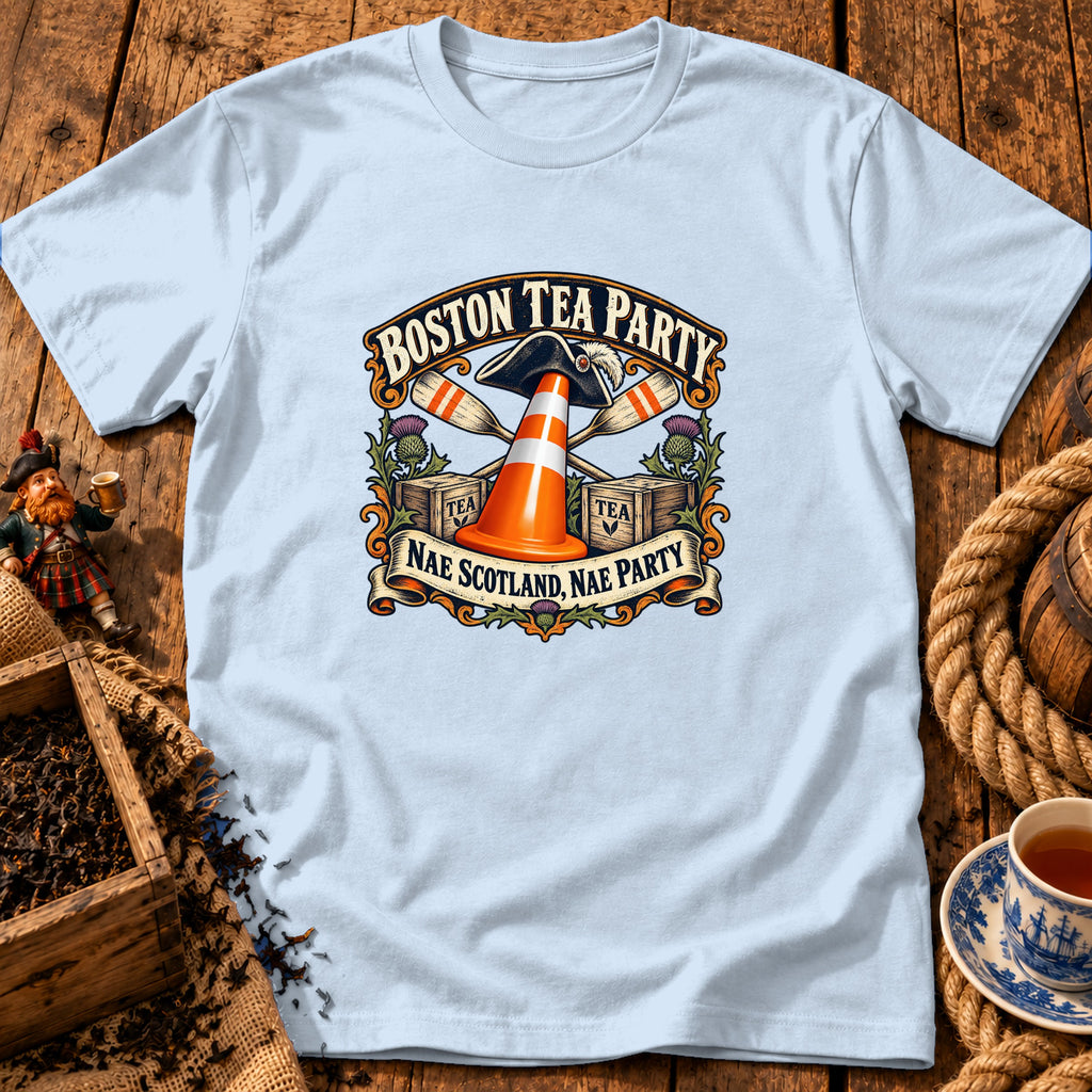 Light blue t-shirt displaying a vintage graphic with a traffic cone, oars, tea crates, and text.