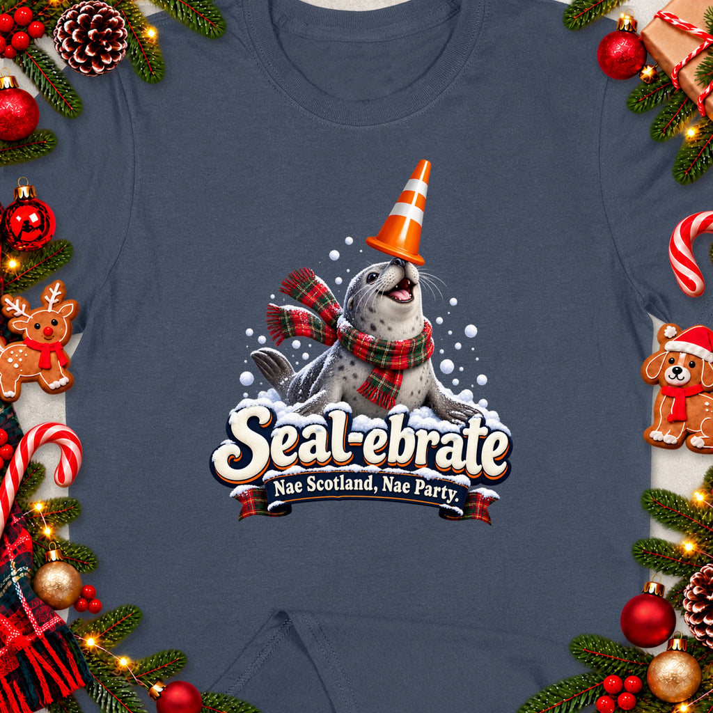 T-shirt design features a seal wearing a scarf and traffic cone, with "Seal-ebrate" text.