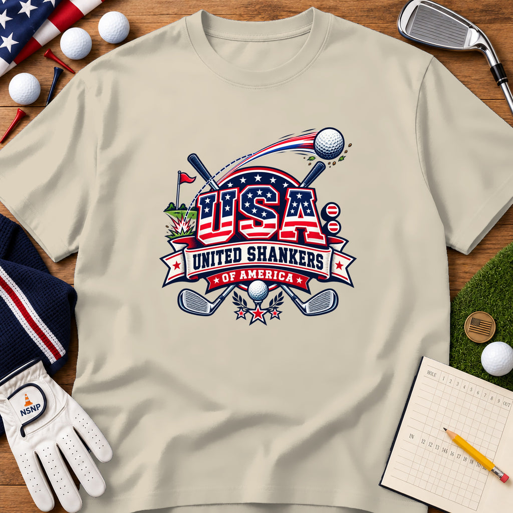 Beige t-shirt featuring a patriotic golf graphic with the text USA United Shankers of America.