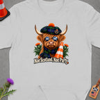 Highland cow with Scottish flag sunglasses, tartan scarf, and "Nae Scotland, Nae Party" text.