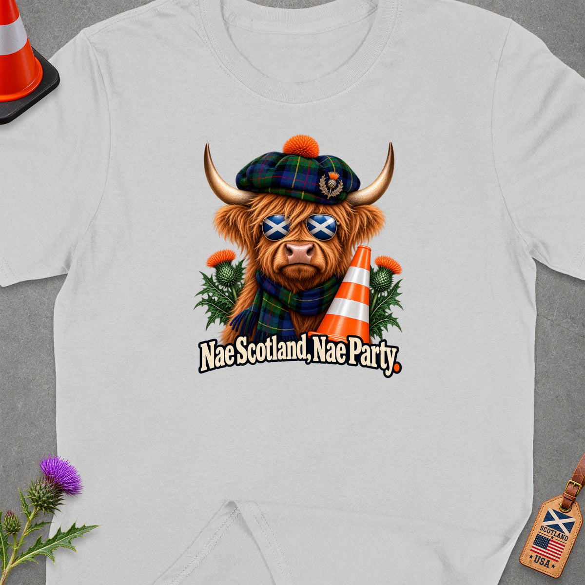 Highland cow with Scottish flag sunglasses, tartan scarf, and "Nae Scotland, Nae Party" text.