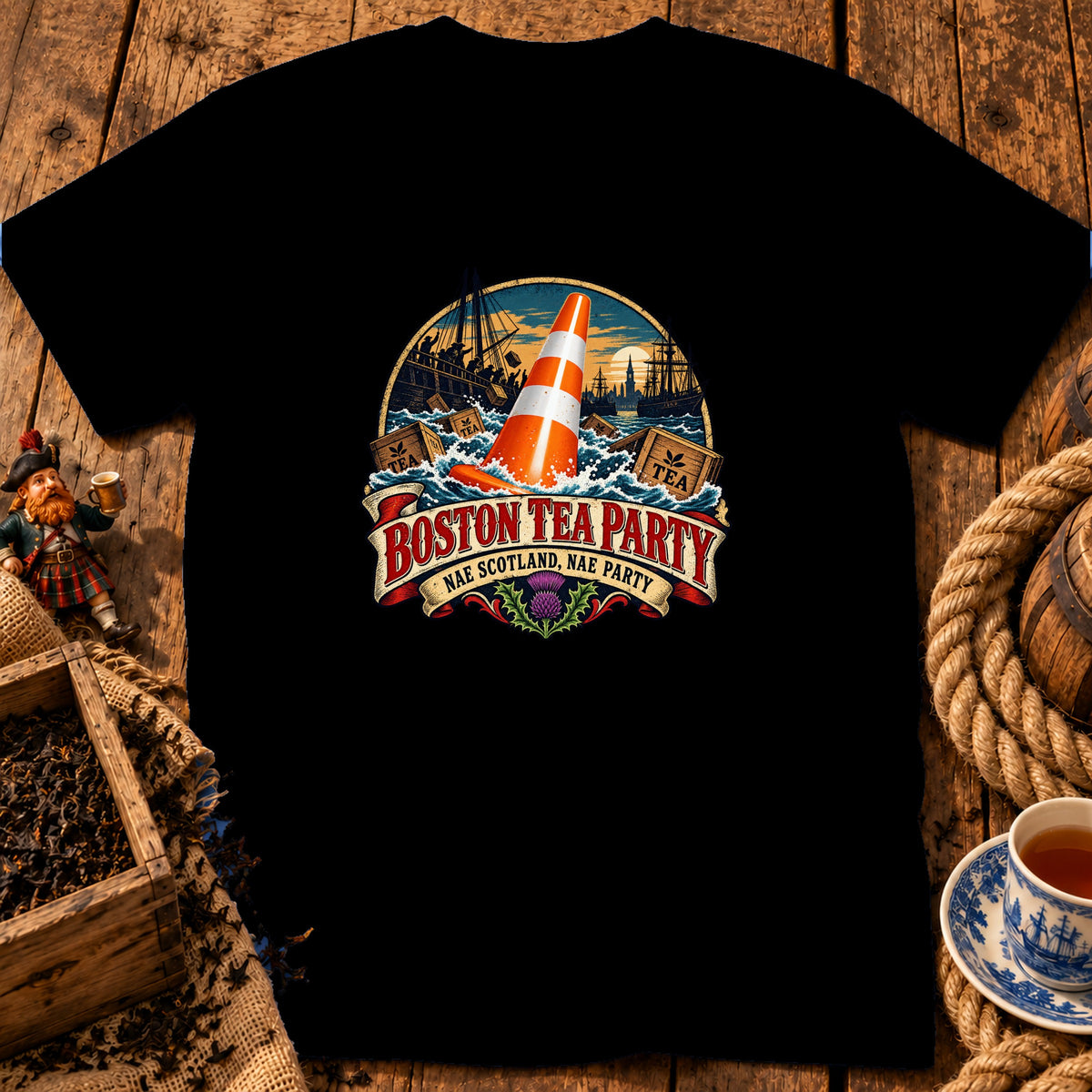 Black t-shirt featuring a graphic with tea crates, a traffic cone, and text reading Boston Tea Party, Nae Scotland, Nae Party.