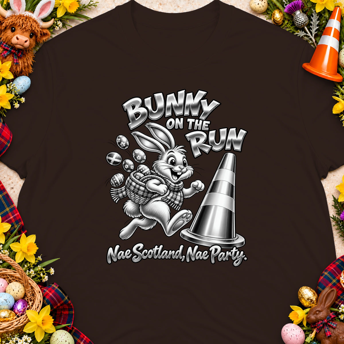 Black t-shirt with a cartoon bunny running past a traffic cone, text says "Bunny on the Run" and "Nae Scotland, Nae Party."