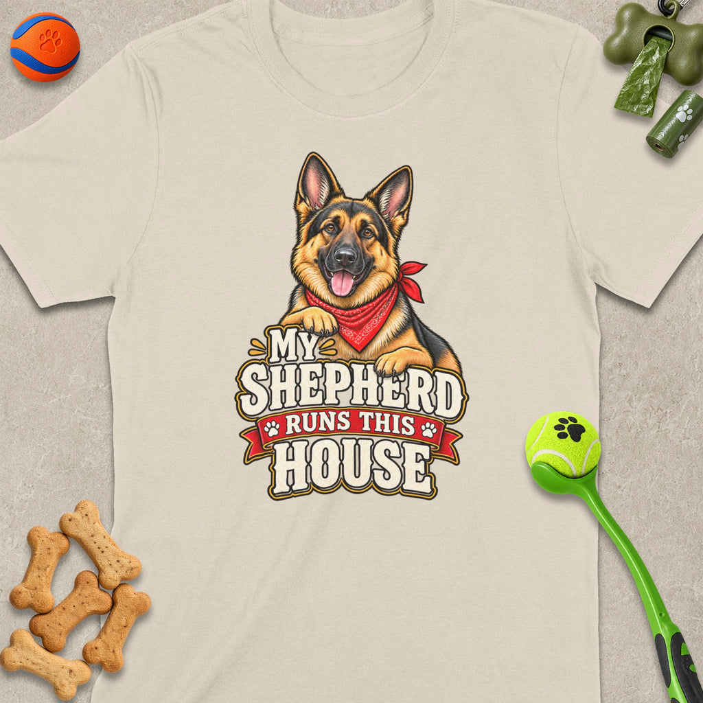 German Shepherd wearing bandana with text "My Shepherd Runs This House".