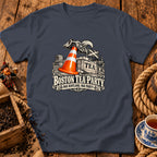 Charcoal t-shirt featuring a graphic with an orange traffic cone wearing a pirate hat, with text reading Boston Tea Party Nae Scotland, Nae Party.