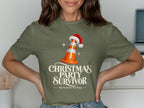 Christmas Party Survivor t-shirt with traffic cone and Santa hat graphic.