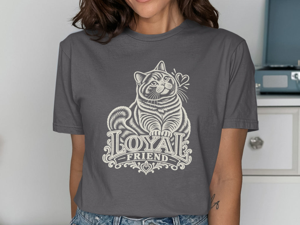 Grey t-shirt with white cat graphic and "Loyal Friend" text.