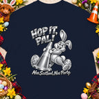Cartoon rabbit pushing traffic cone with text "Hop It, Pal! Nae Scotland, Nae Party."