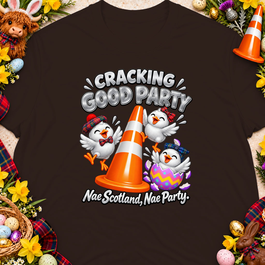 Chickens in tartan bow ties and bonnets around a traffic cone, with text "Cracking Good Party".