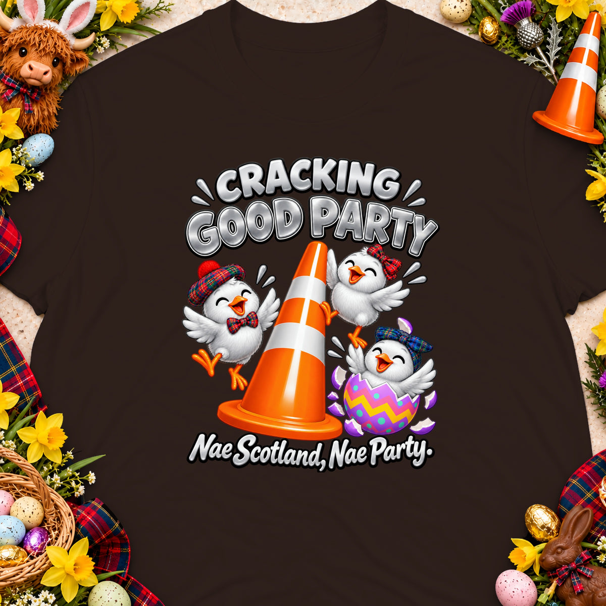 Chickens in tartan bow ties and bonnets around a traffic cone, with text "Cracking Good Party".
