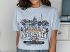 T-shirt graphic with Washington D.C. landmarks, "Nae Scotland Nae Party" text.