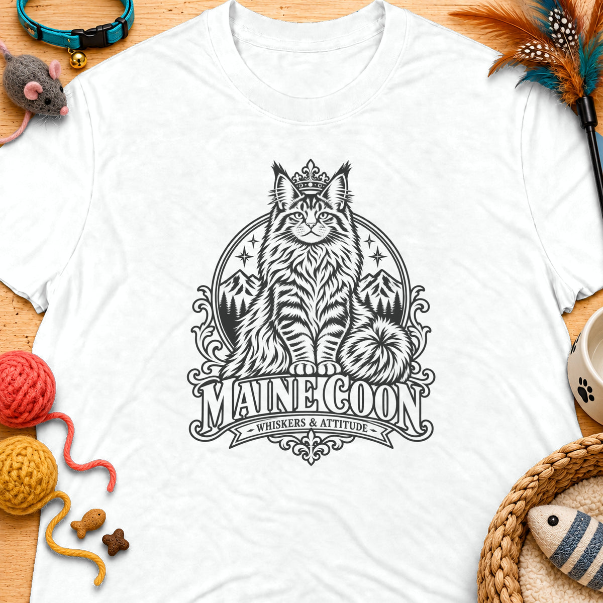 White t-shirt with black graphic of a crowned Maine Coon cat, mountains, and text.