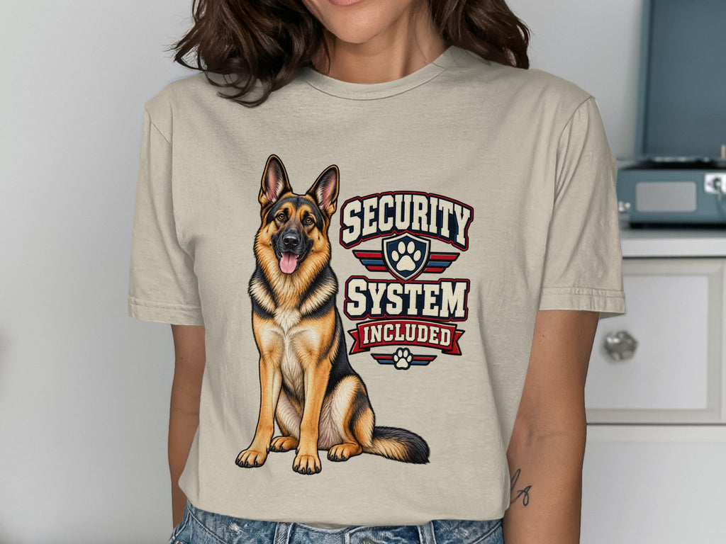 German Shepherd on t-shirt with "Security System Included" text.