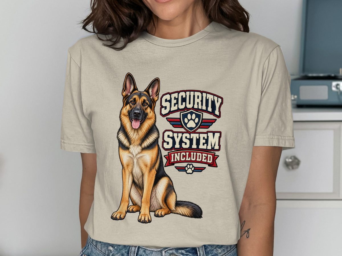 German Shepherd on t-shirt with "Security System Included" text.