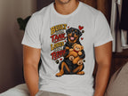 Rottweiler holding a teddy bear with text "Built like a tank loves like a teddy".