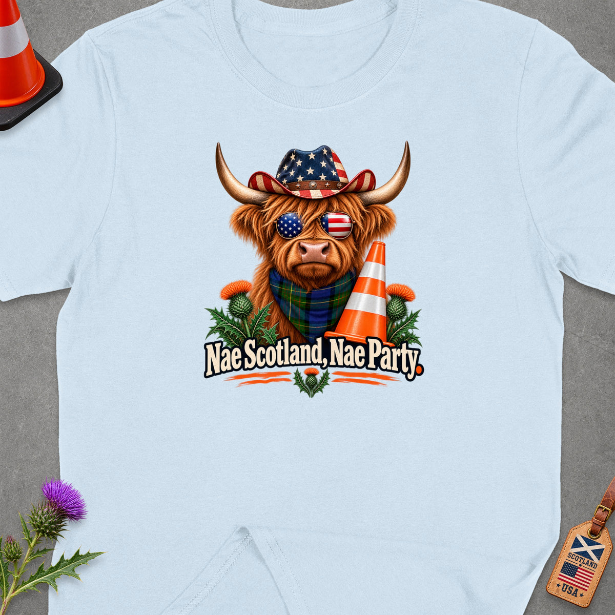 Highland cow with American flag hat, sunglasses, and "Nae Scotland, Nae Party" text.