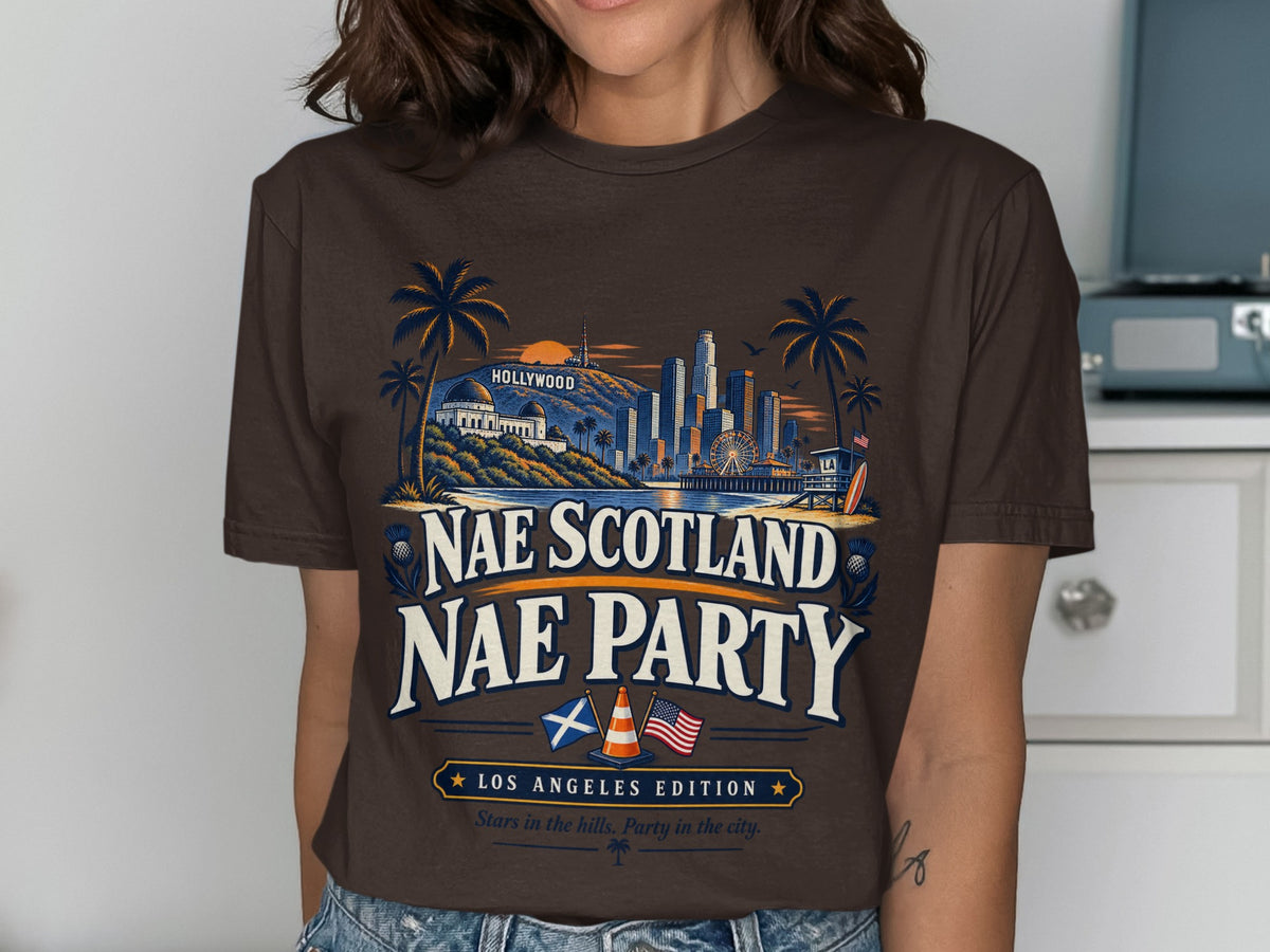 Brown t-shirt with Los Angeles skyline, "Nae Scotland Nae Party" text, and flags.