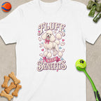 White t-shirt with graphic of white poodle and text "FLUFF WITH BENEFITS".
