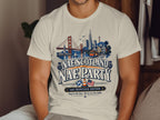 White t-shirt with San Francisco skyline, Golden Gate Bridge, and text "Nae Scotland Nae Party."