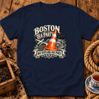 Navy blue t-shirt featuring a Boston Tea Party graphic with a traffic cone and text reading "Nae Scotland, Nae Party."