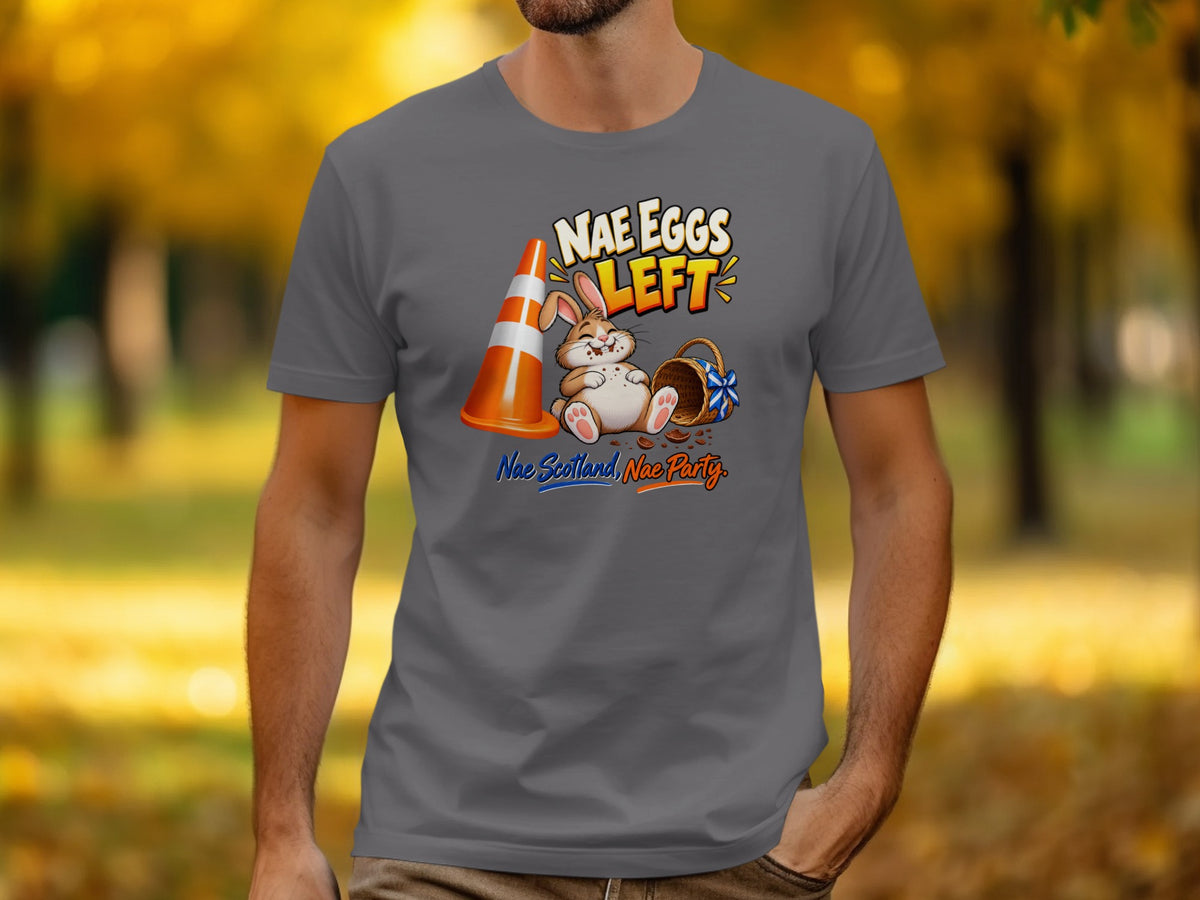 Rabbit with traffic cone and empty Easter basket, "Nae Eggs Left" text.