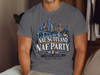 T-shirt graphic with Austin skyline, guitar, and text "Nae Scotland Nae Party".