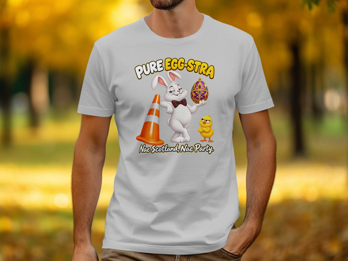 Cartoon bunny with Easter egg, chick, and traffic cone. Text: "PURE EGG-STRA Nae Scotland, Nae Party."