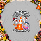 T-shirt with chicks, traffic cone, egg, and text "Cracking Good Party"