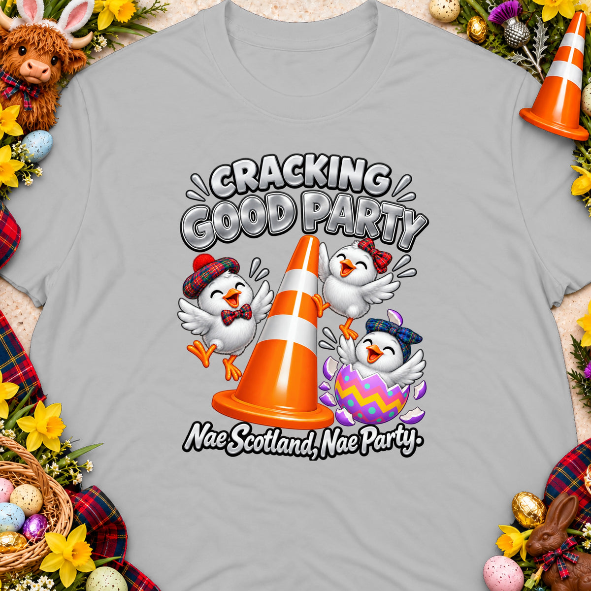 T-shirt with chicks, traffic cone, egg, and text "Cracking Good Party"