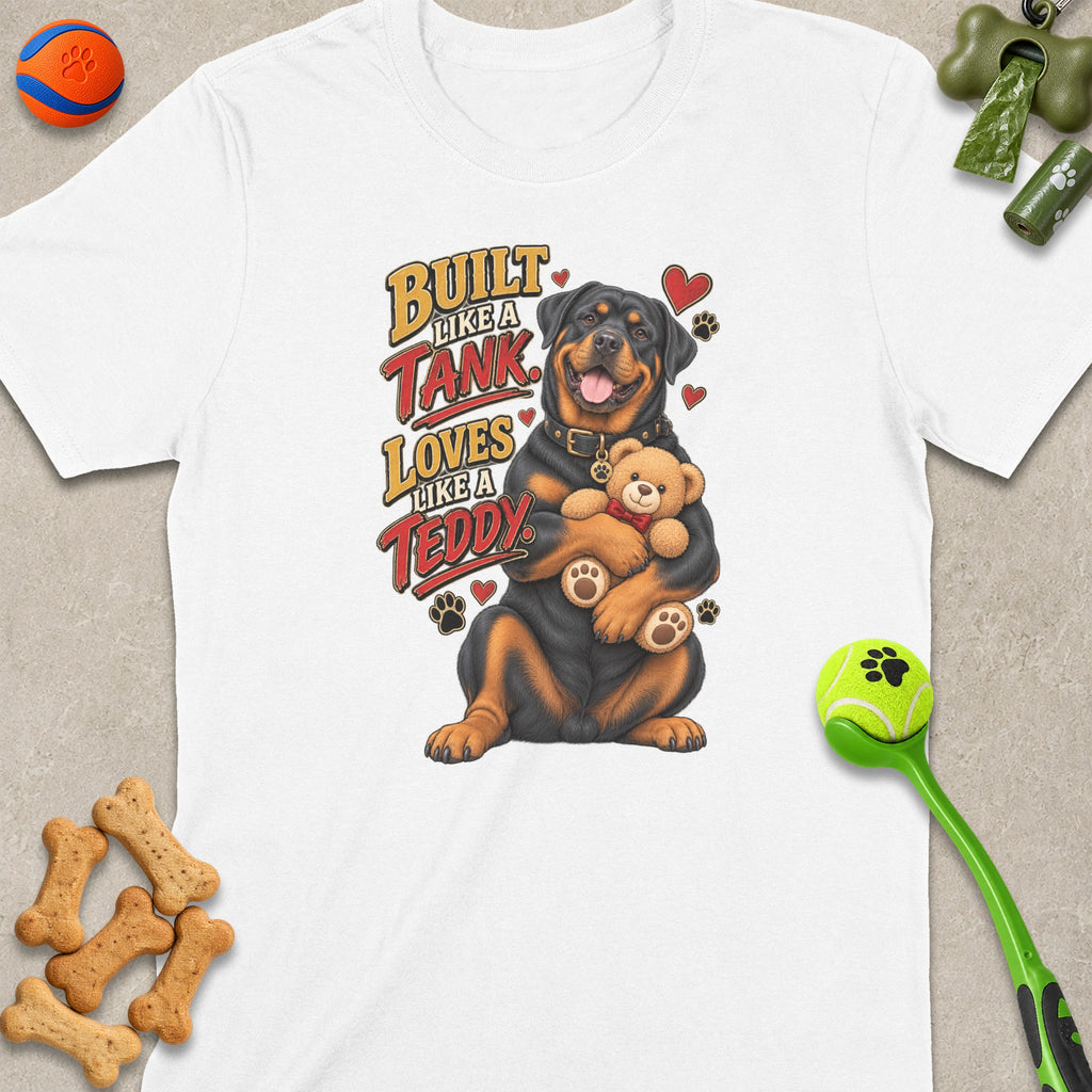 Rottweiler hugging a teddy bear with text "Built like a Tank. Loves like a Teddy."