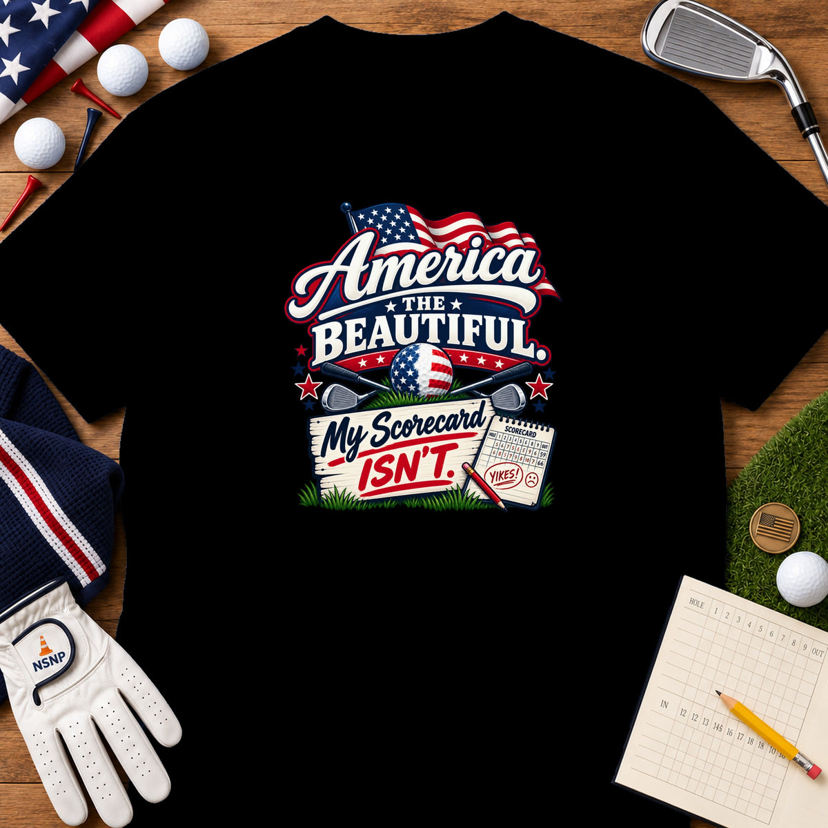 Black t-shirt featuring a golf graphic with American flag motifs and the text America the Beautiful, My Scorecard Isn't.