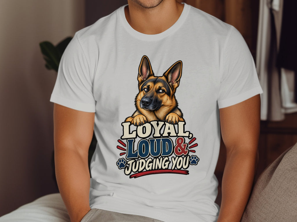German Shepherd graphic with text "Loyal, Loud & Judging You" on white t-shirt.
