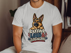 German Shepherd graphic with text "Loyal, Loud & Judging You" on white t-shirt.