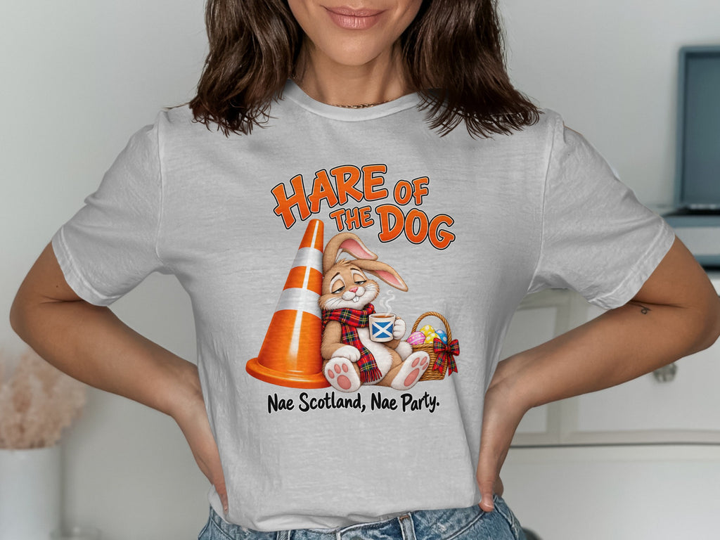 Hare of the Dog graphic with a rabbit, traffic cone, basket, and text.