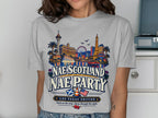 T-shirt graphic: Las Vegas skyline, "Nae Scotland Nae Party," flags, dice.