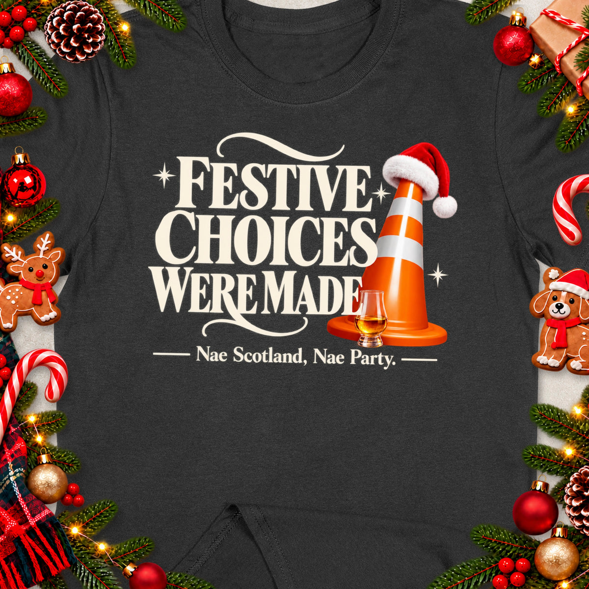Dark grey t-shirt with "Festive Choices Were Made" text, traffic cone, and a glass of whisky.