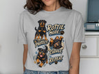 Rottweiler dogs featured with text "ROTTIE MODE: PROTECT. CUDDLE. REPEAT."
