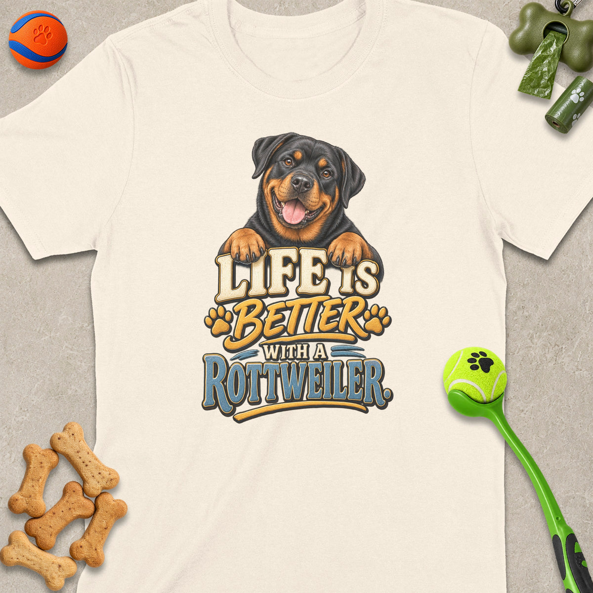 Cream t-shirt with a Rottweiler graphic and text "Life is better with a Rottweiler".