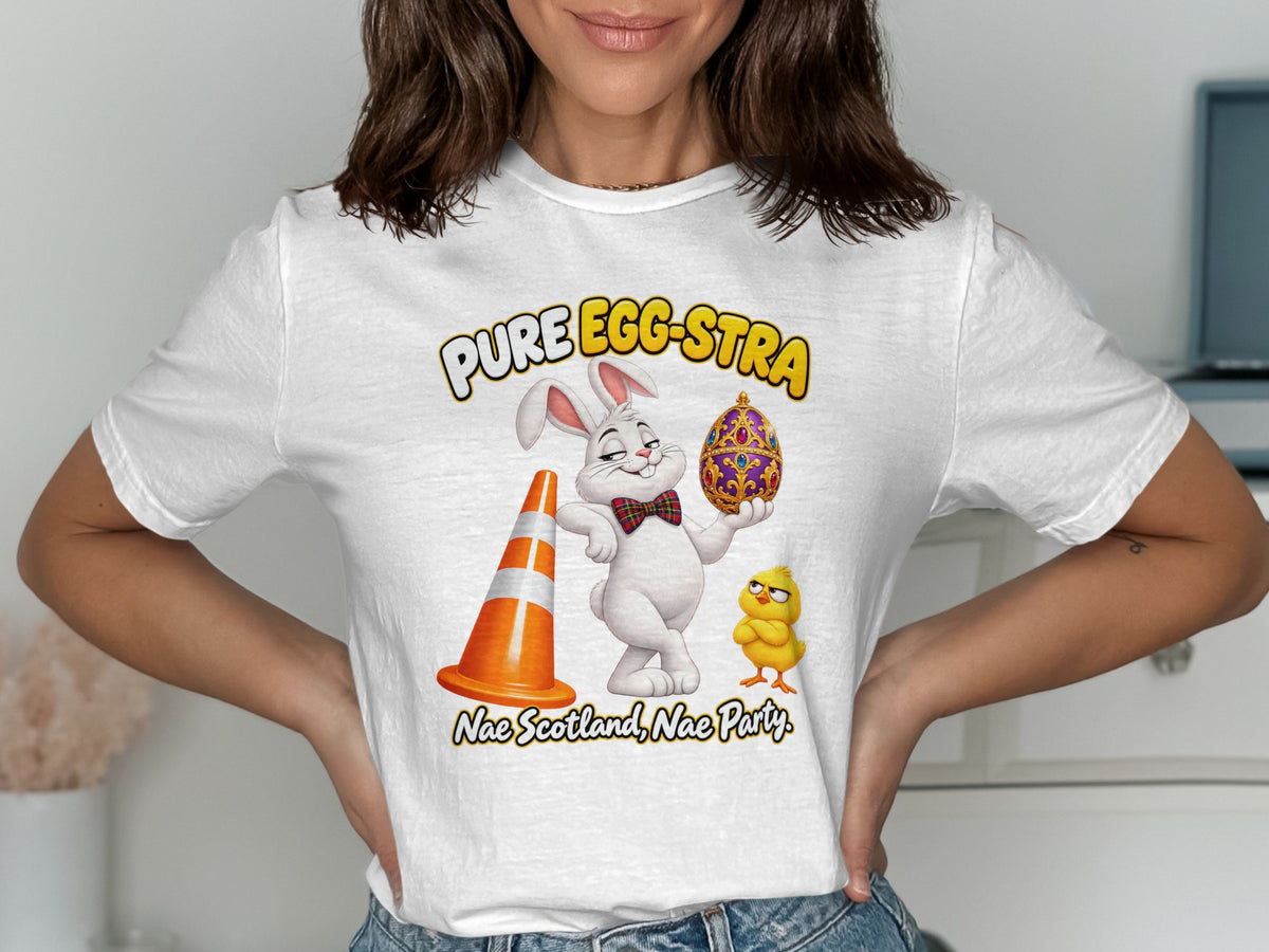 White t-shirt with "Pure Egg-stra" text, a rabbit holding an ornate egg, a traffic cone, and a chick.