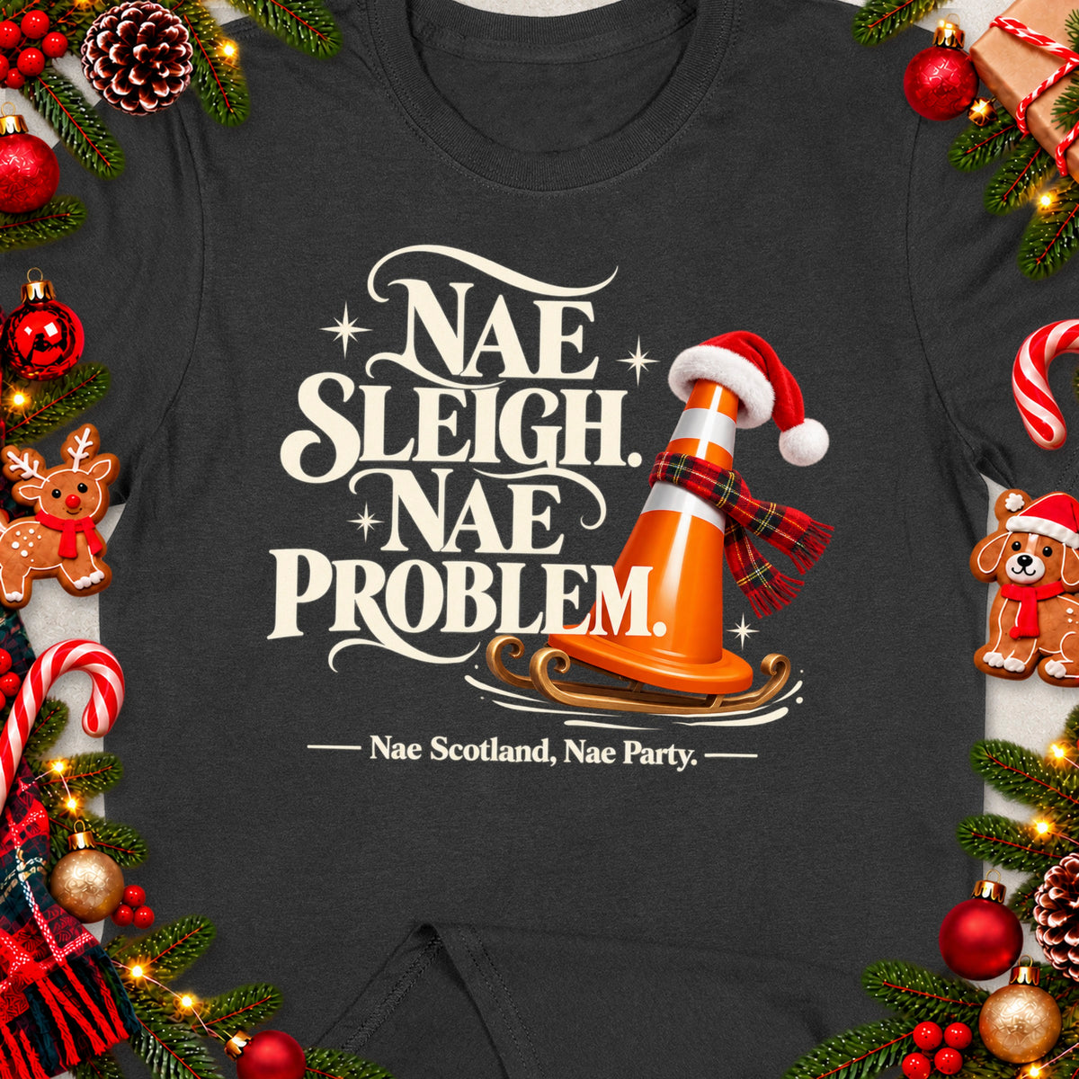 T-shirt graphic: "Nae Sleigh, Nae Problem." with a traffic cone on a sleigh.