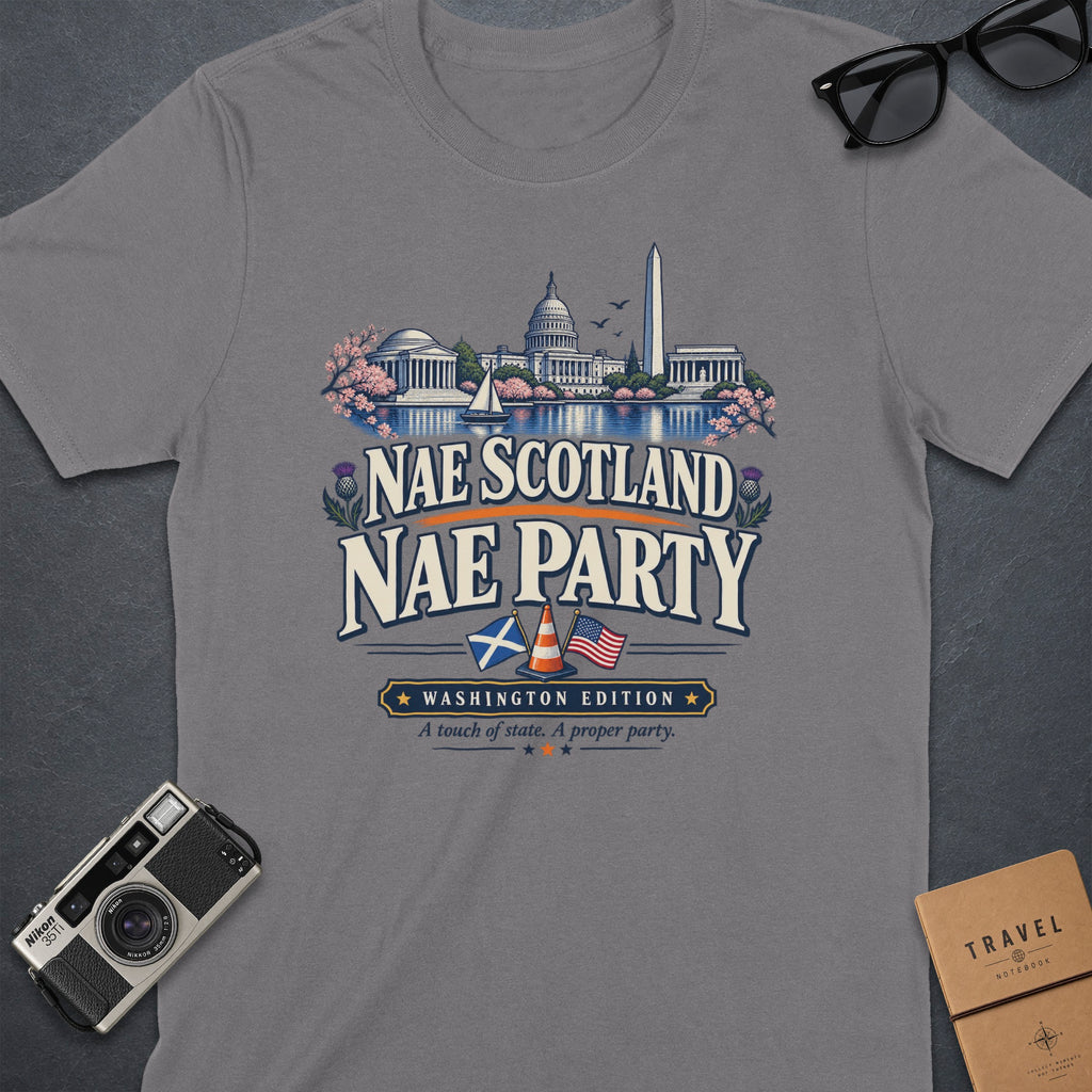 T-shirt with Washington landmarks and text "Nae Scotland Nae Party".