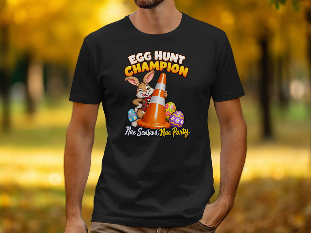 Black t-shirt with a cartoon bunny, traffic cone, Easter eggs, and text "Egg Hunt Champion".