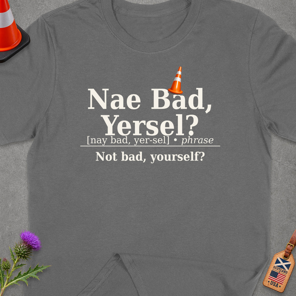 Gray t-shirt with Scottish phrase "Nae Bad, Yersel?" and definition.