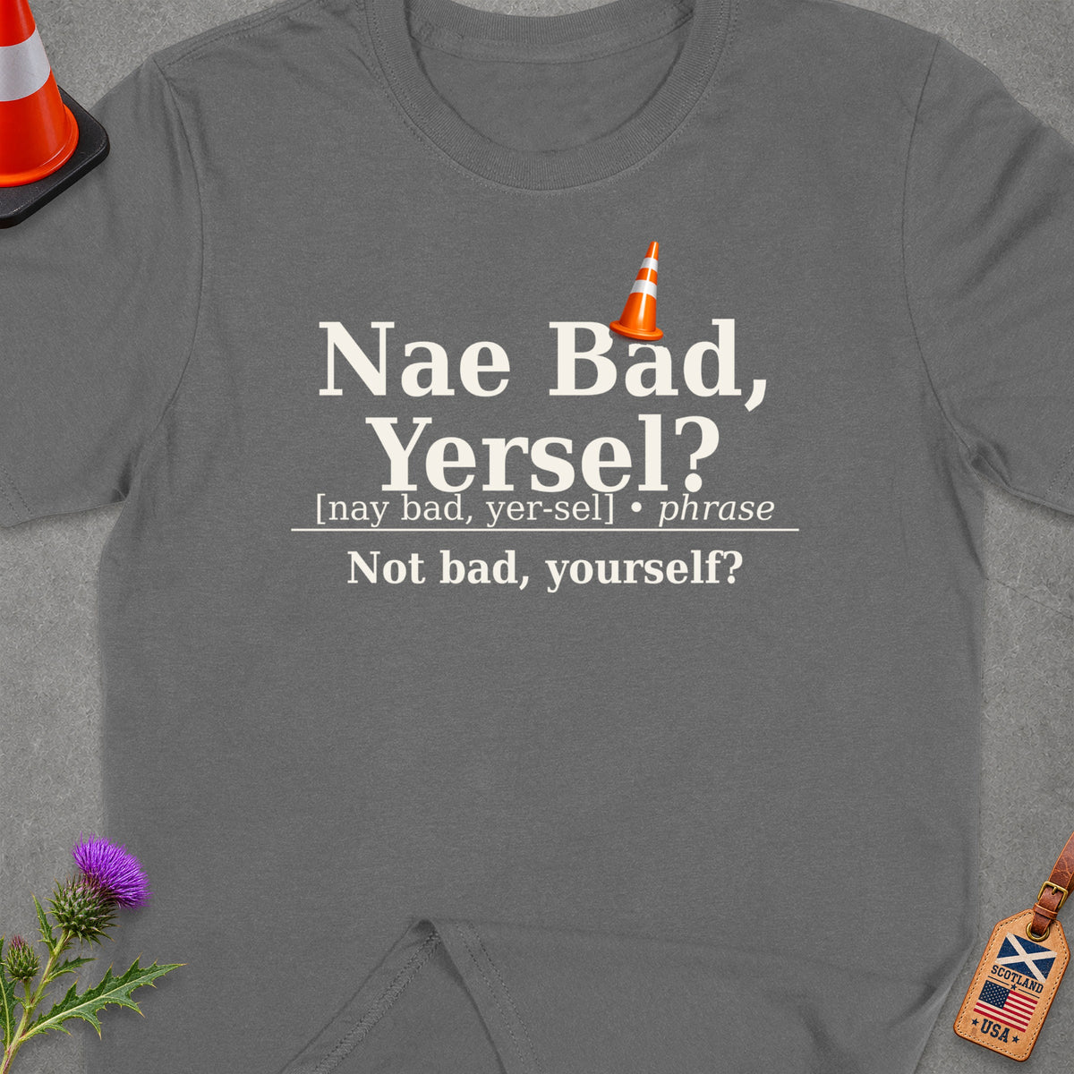 Gray t-shirt with Scottish phrase "Nae Bad, Yersel?" and definition.