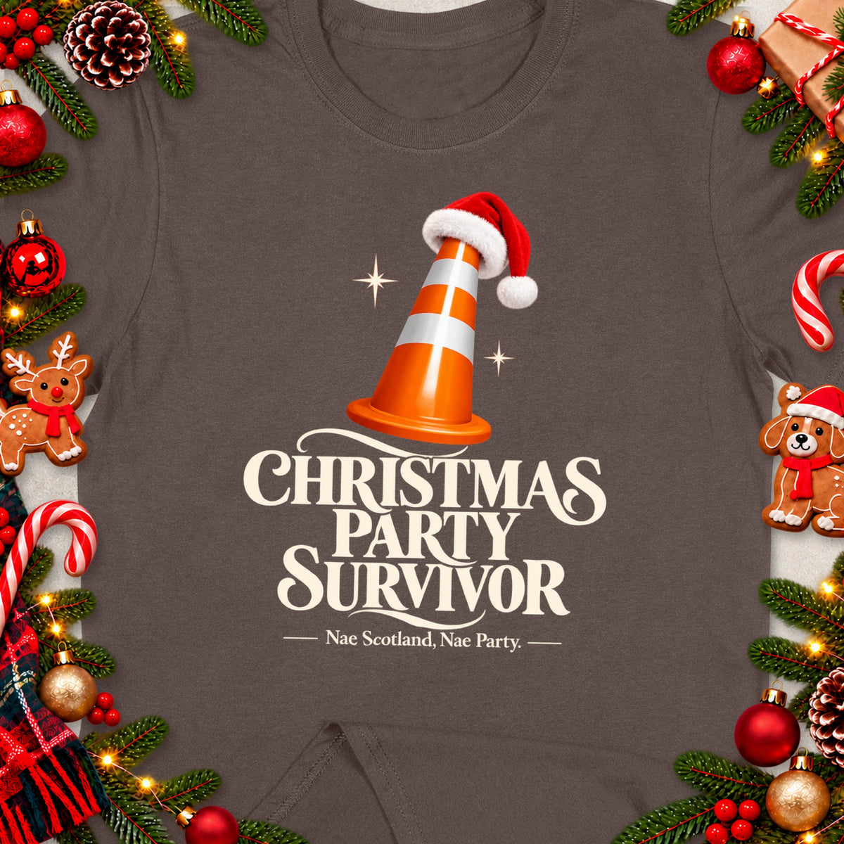 Christmas Party Survivor text on brown t-shirt with festive decorations.