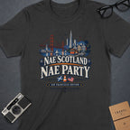 Dark t-shirt with San Francisco skyline, text "Nae Scotland Nae Party".