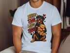 Rottweiler holding a teddy bear with text "Built Like a Tank Loves Like a Teddy".