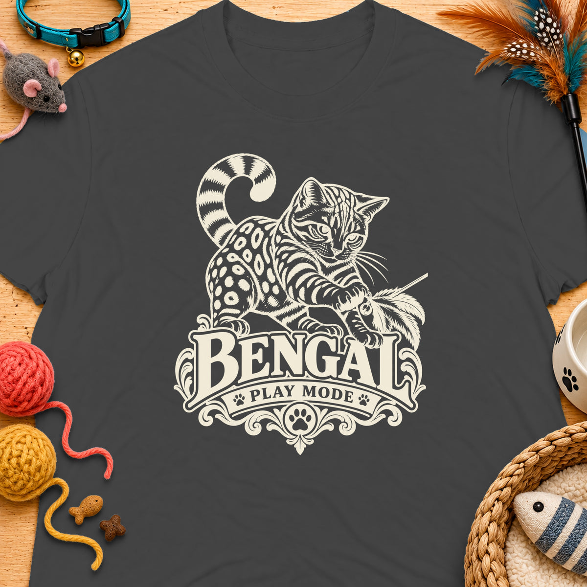 Bengal cat graphic with "Bengal Play Mode" text on dark gray t-shirt.