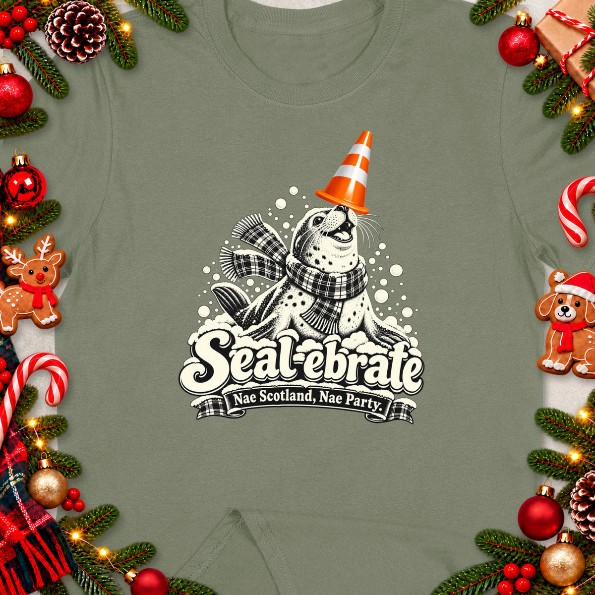 Seal wearing a party hat and scarf, text "Seal-ebrate Nae Scotland, Nae Party."